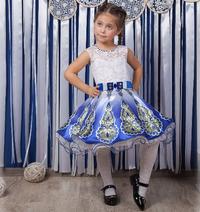 Нарядное детское платье с пышной юбкой, белое с синей юбкой, Жар птица 
